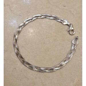 Vintage Sterling Silver Herringbone Triple Strand Braided Bracelet 7" Italy 925
